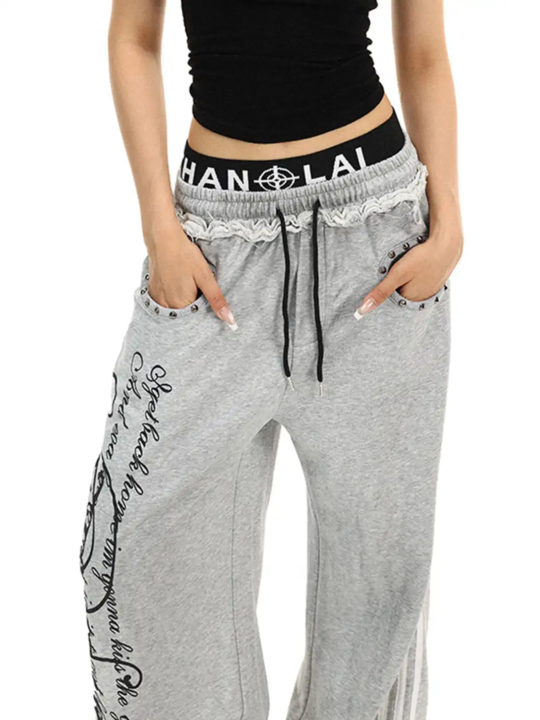 BIGGOLD | Rivet Fake Two-Piece Double Waist Letter Printed Sweatpants