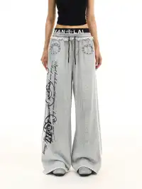 BIGGOLD | Rivet Fake Two-Piece Double Waist Letter Printed Sweatpants