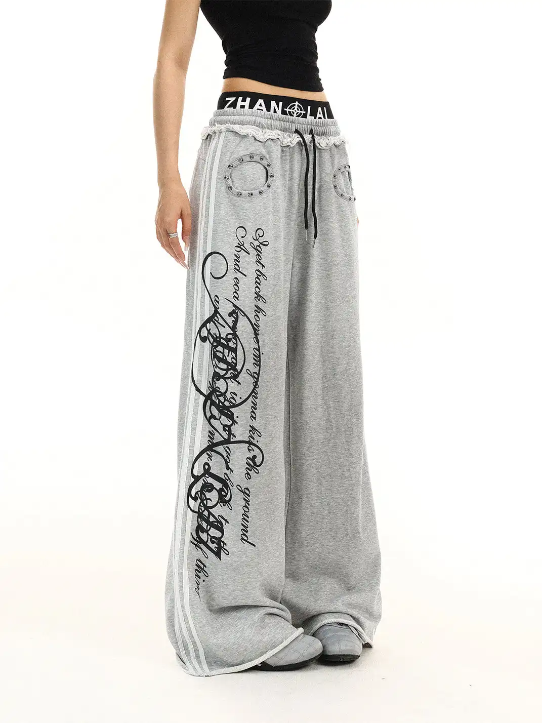 BIGGOLD | Rivet Fake Two-Piece Double Waist Letter Printed Sweatpants