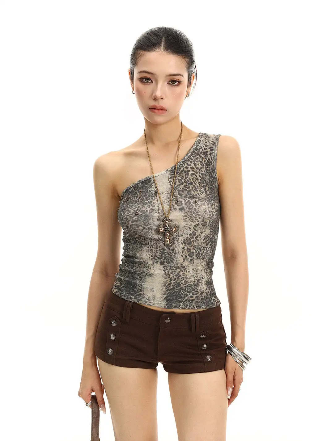 BIGGOLD | Rhinestone Asymmetric Shoulder Cami Top