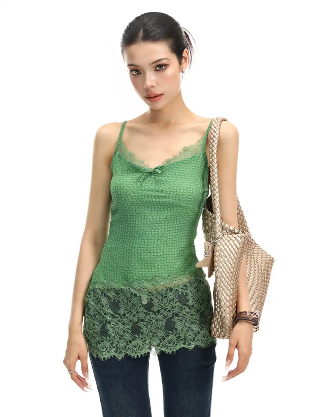 BIGGOLD | Dopamine Lace Spliced Halter Cami Top