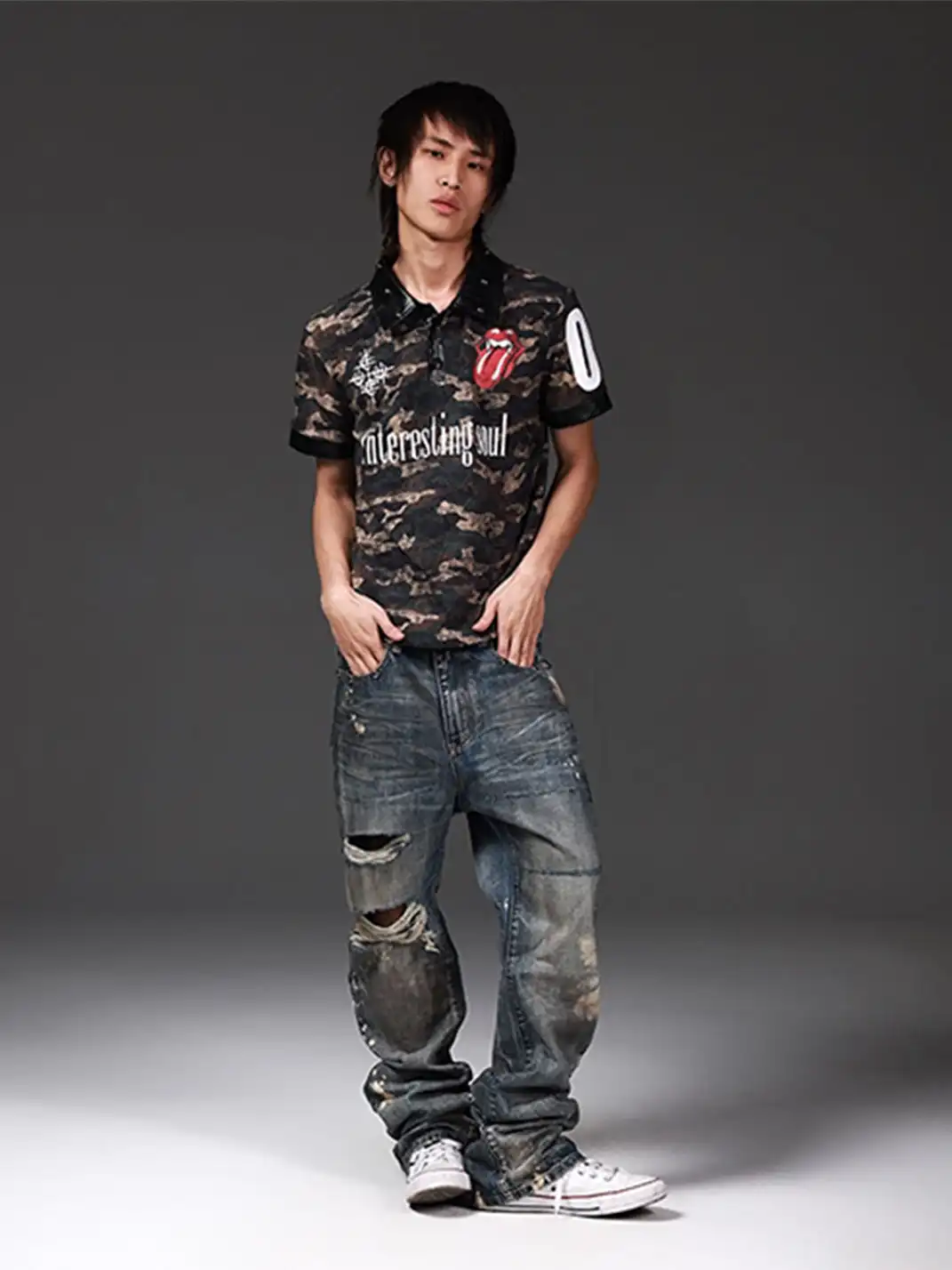 DETW | Silver Hot Stamping Tongue Print Leather Spliced Rivet Polo T-Shirt