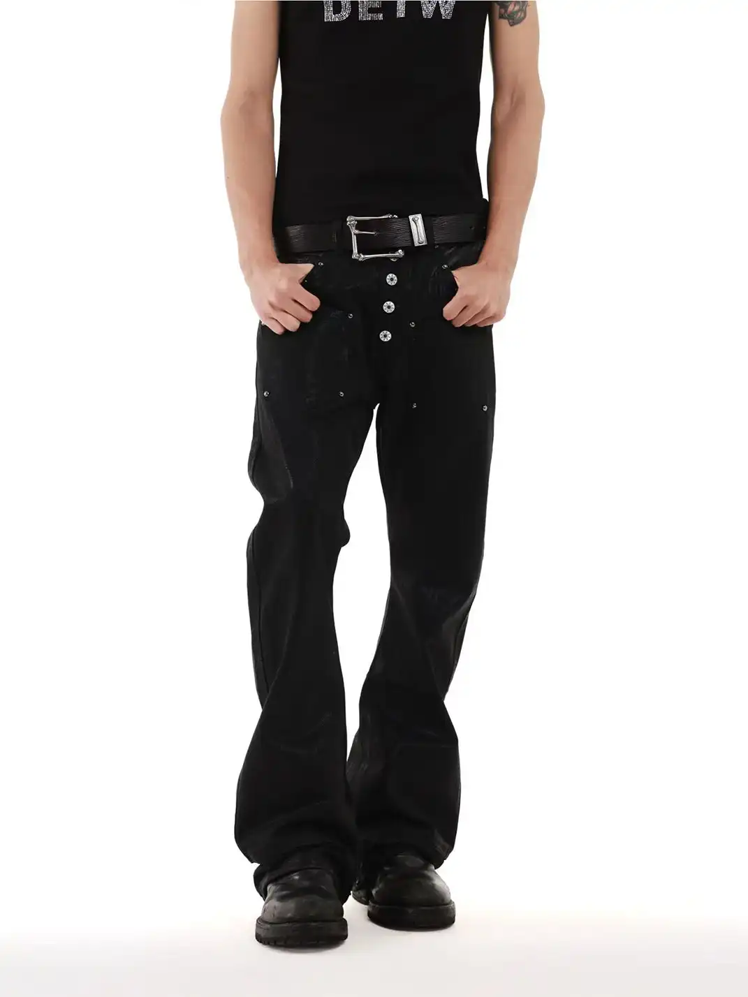 DETW | Snake Print Gold Foil Waxed Five-Button Curved Blade Jeans