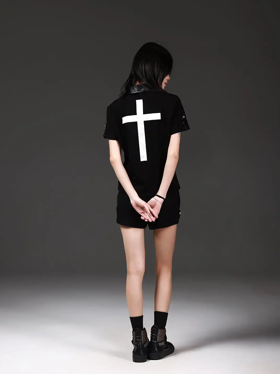 DETW | Leather Collar Metal Glitter Cross Print Polo Shirt