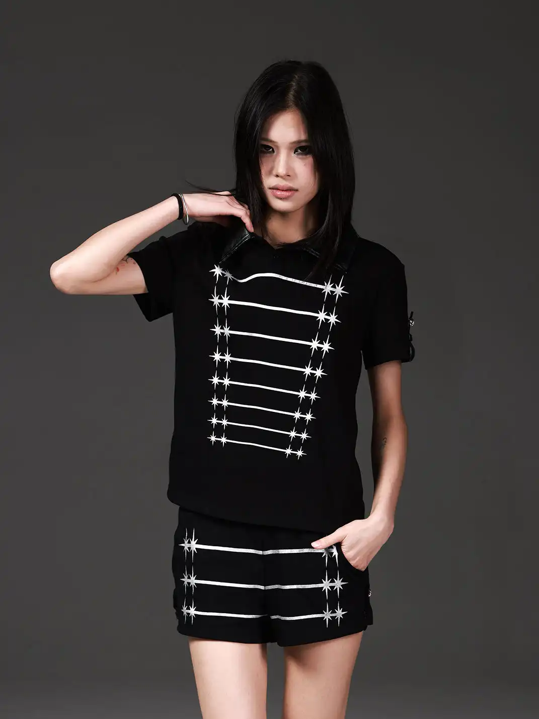DETW | Leather Collar Metal Glitter Cross Print Polo Shirt