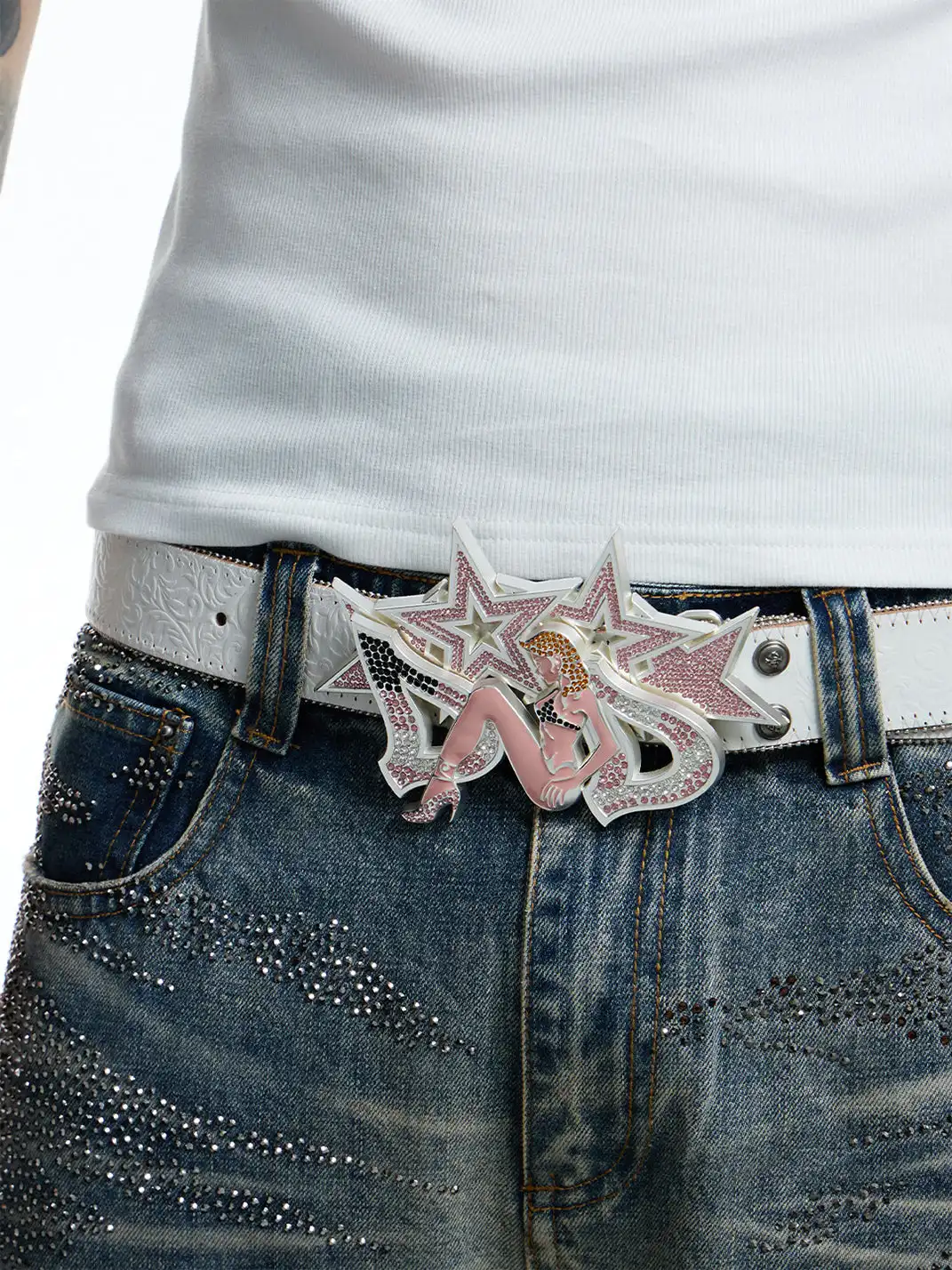 DND4DES | Full Star Rhinestone Inlaid Top Grain Leather Belt