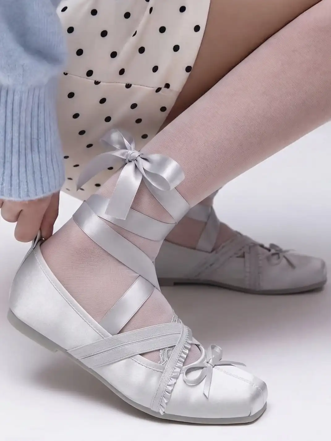 PIU astratto | Bow Square Toe Shallow Lacing Sheepskin Ballet Flats