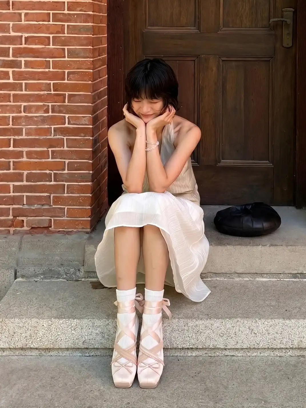 PIU astratto | Bow Square Toe Shallow Lacing Sheepskin Ballet Flats