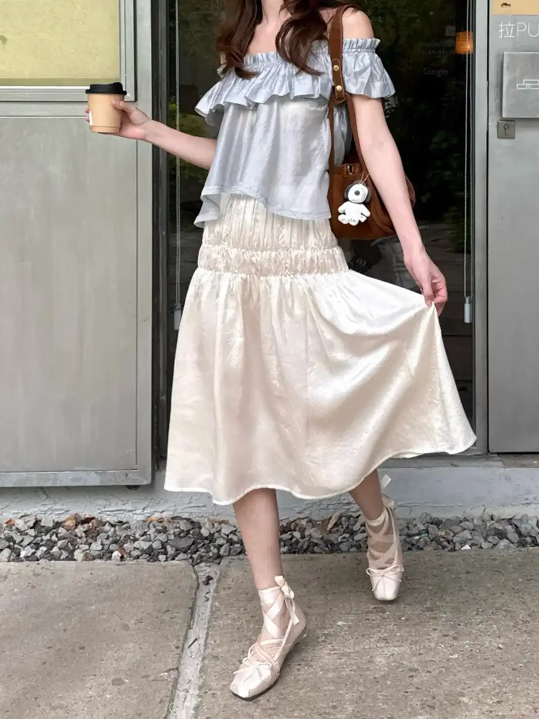 PIU astratto | Bow Square Toe Shallow Lacing Sheepskin Ballet Flats