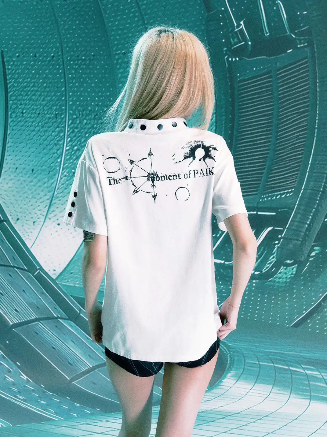 PAIKI | Castle Print Rivet Stand Collar T-Shirt