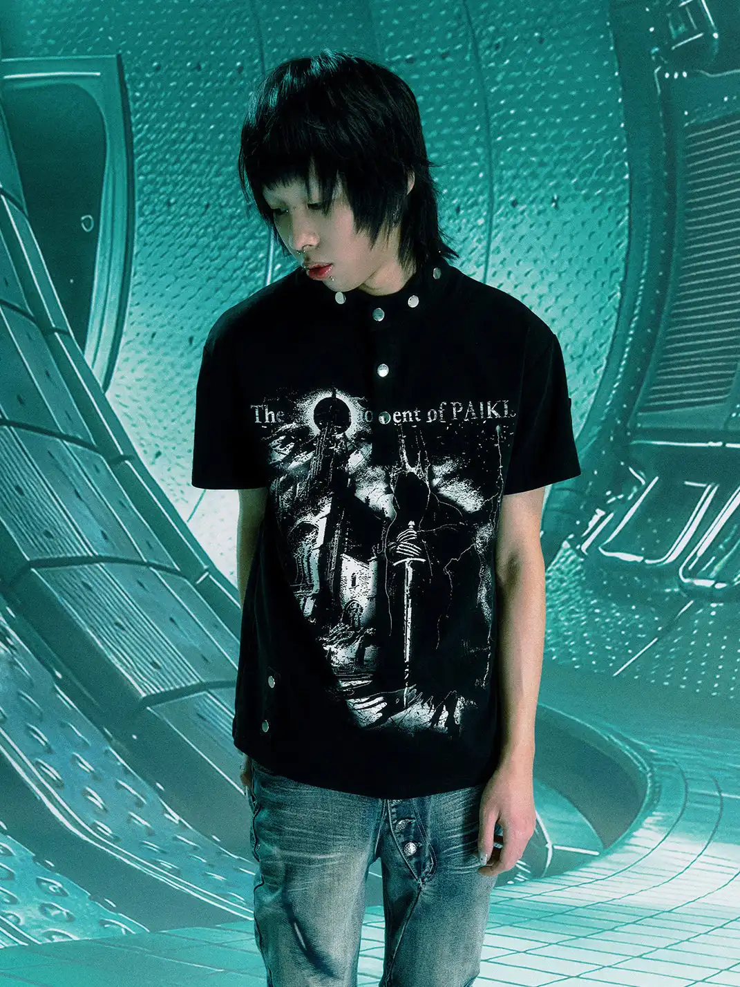 PAIKI | Castle Print Rivet Stand Collar T-Shirt