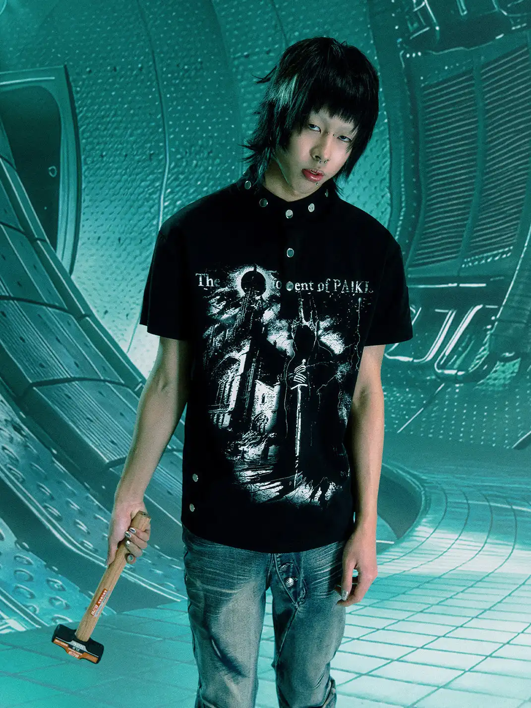 PAIKI | Castle Print Rivet Stand Collar T-Shirt