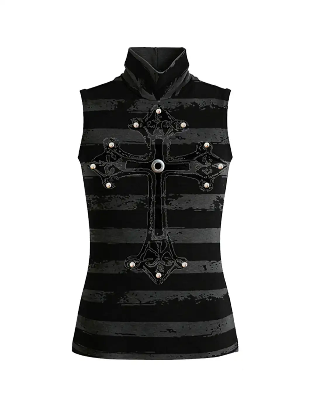 PAIKI | Cross High Neck Striped Knit Vest