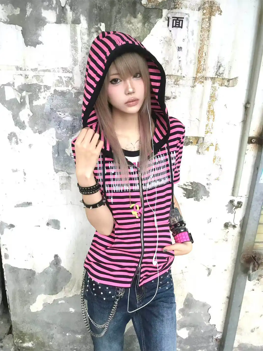 PAIKI | Regular Shoulder Striped Hooded T-Shirt