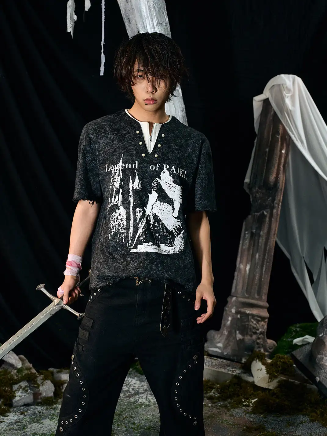 PAIKI | Henry Collar Pearl Button Fake Two-Piece T-Shirt