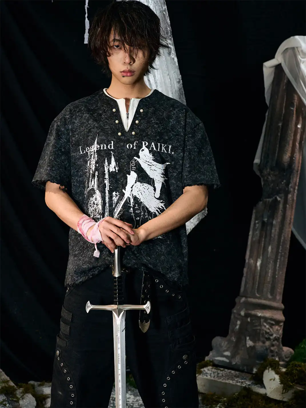 PAIKI | Henry Collar Pearl Button Fake Two-Piece T-Shirt