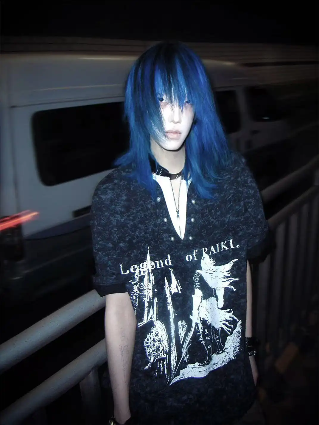 PAIKI | Henry Collar Pearl Button Fake Two-Piece T-Shirt