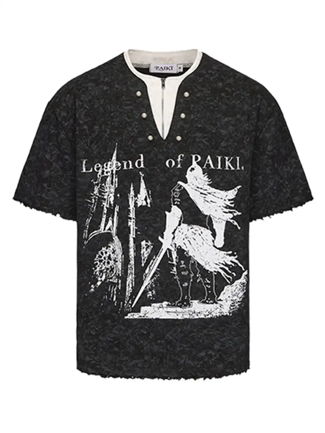 PAIKI | Henry Collar Pearl Button Fake Two-Piece T-Shirt