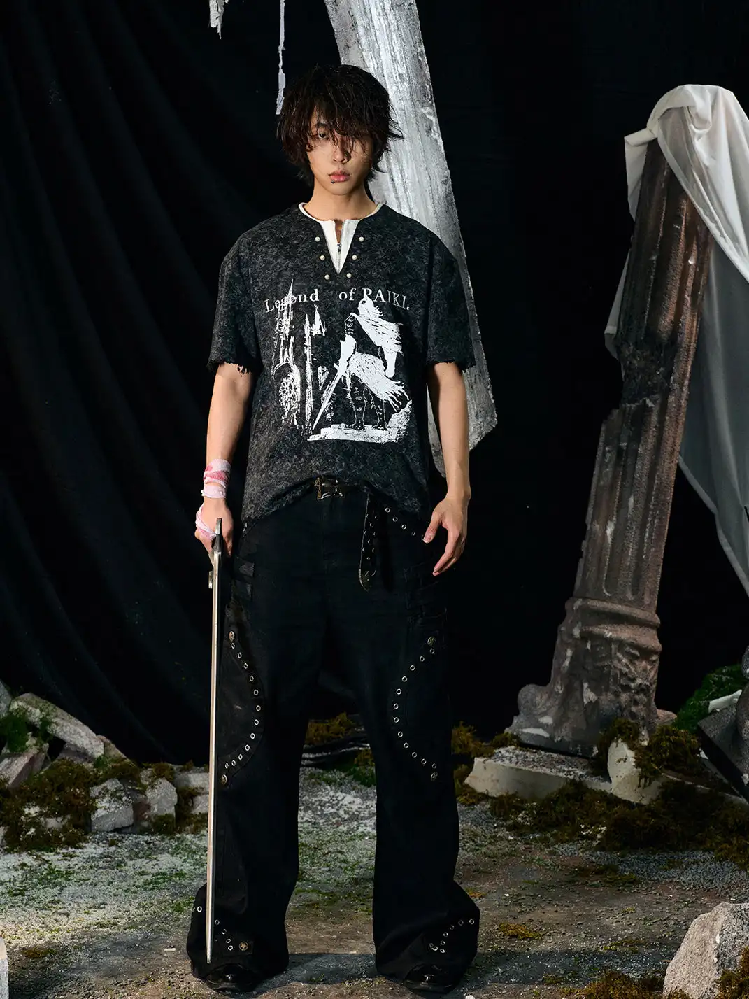 PAIKI | Henry Collar Pearl Button Fake Two-Piece T-Shirt