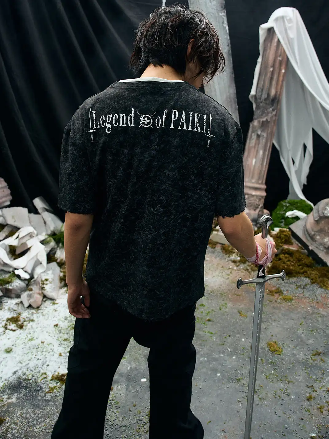 PAIKI | Henry Collar Pearl Button Fake Two-Piece T-Shirt