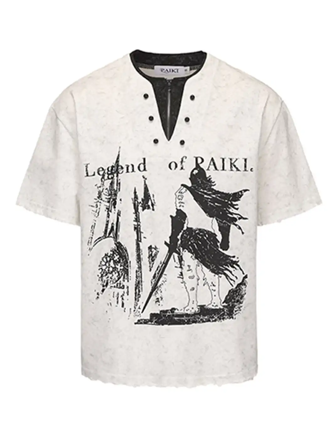 PAIKI | Henry Collar Pearl Button Fake Two-Piece T-Shirt
