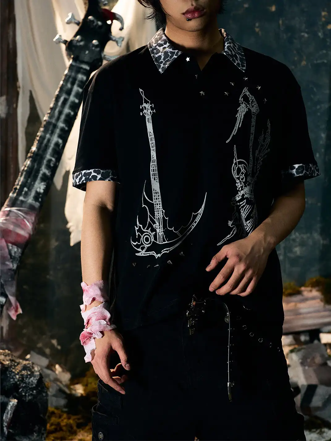 PAIKI | Leopard Print Spliced Lapel Polo T-Shirt