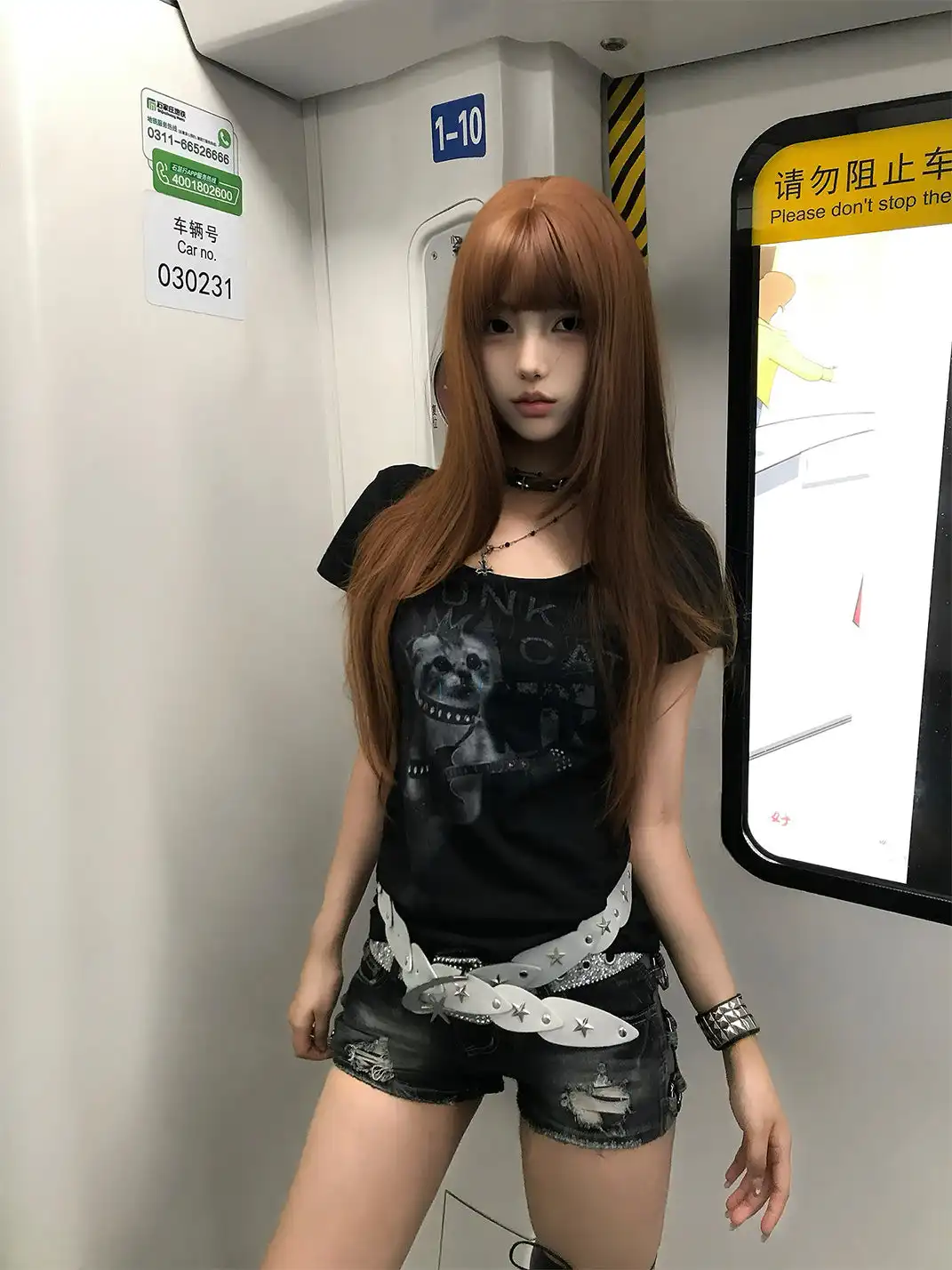 PAIKI | Kitten Print Slim Fit Oversized Collar T-Shirt