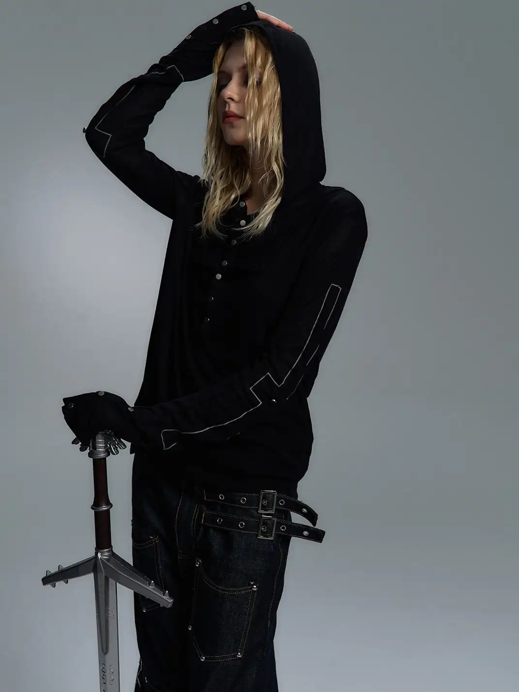 PAIKI | Cross Assassin Fake Two-Piece Long Sleeve Hooded T-Shirt