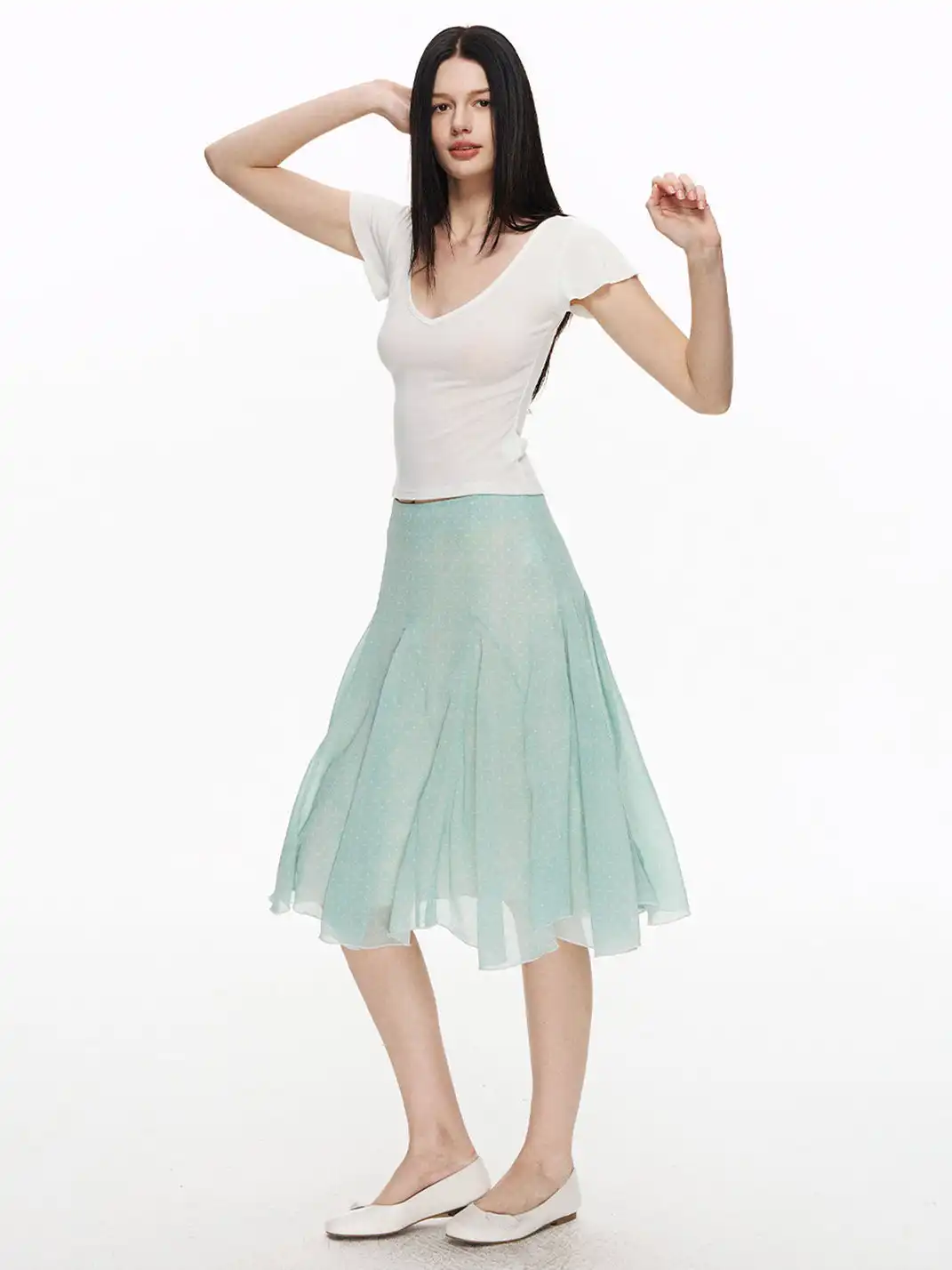NECYSTUDIO | Polka Dot All-over Print Midi Skirt Short Sleeve Set