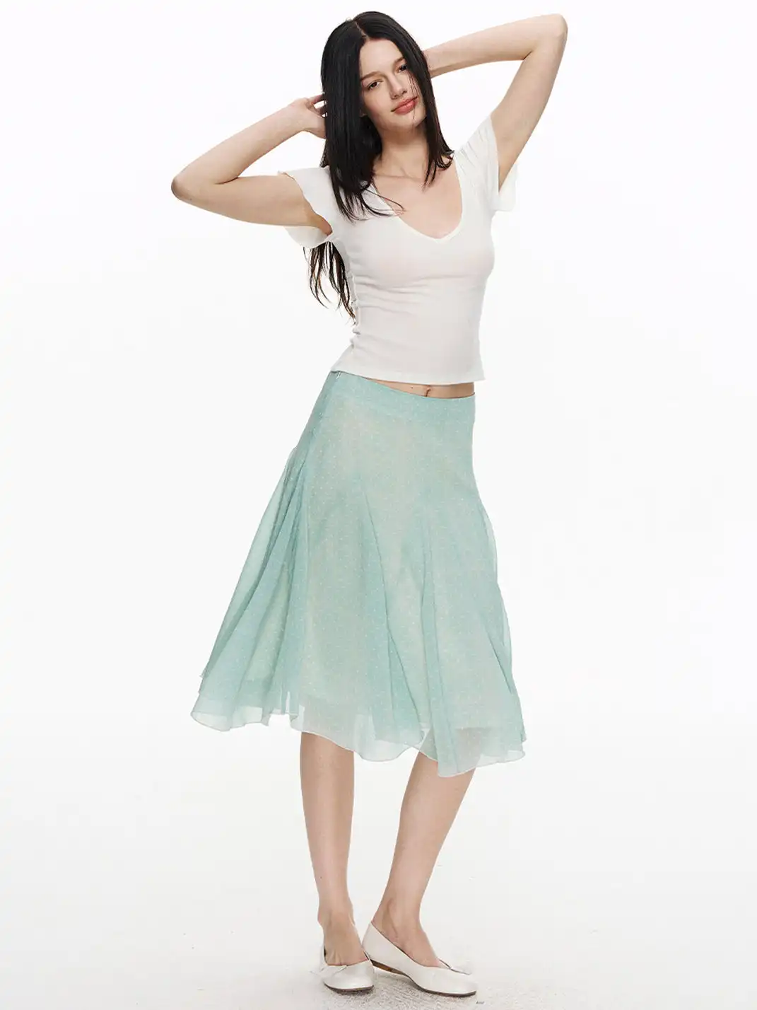NECYSTUDIO | Polka Dot All-over Print Midi Skirt Short Sleeve Set