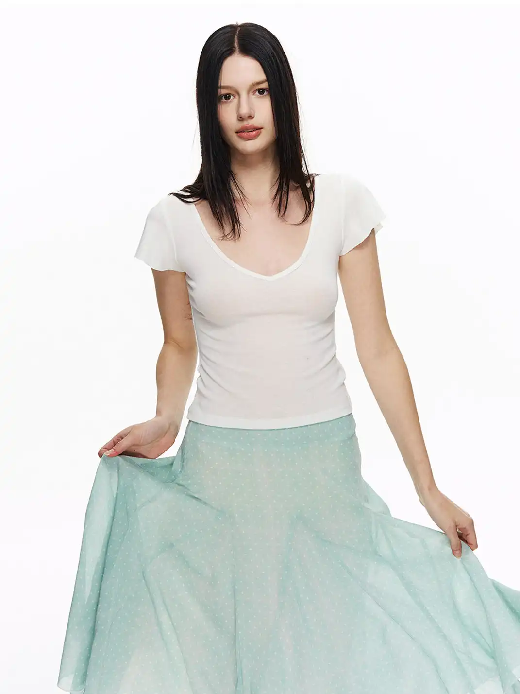 NECYSTUDIO | Polka Dot All-over Print Midi Skirt Short Sleeve Set