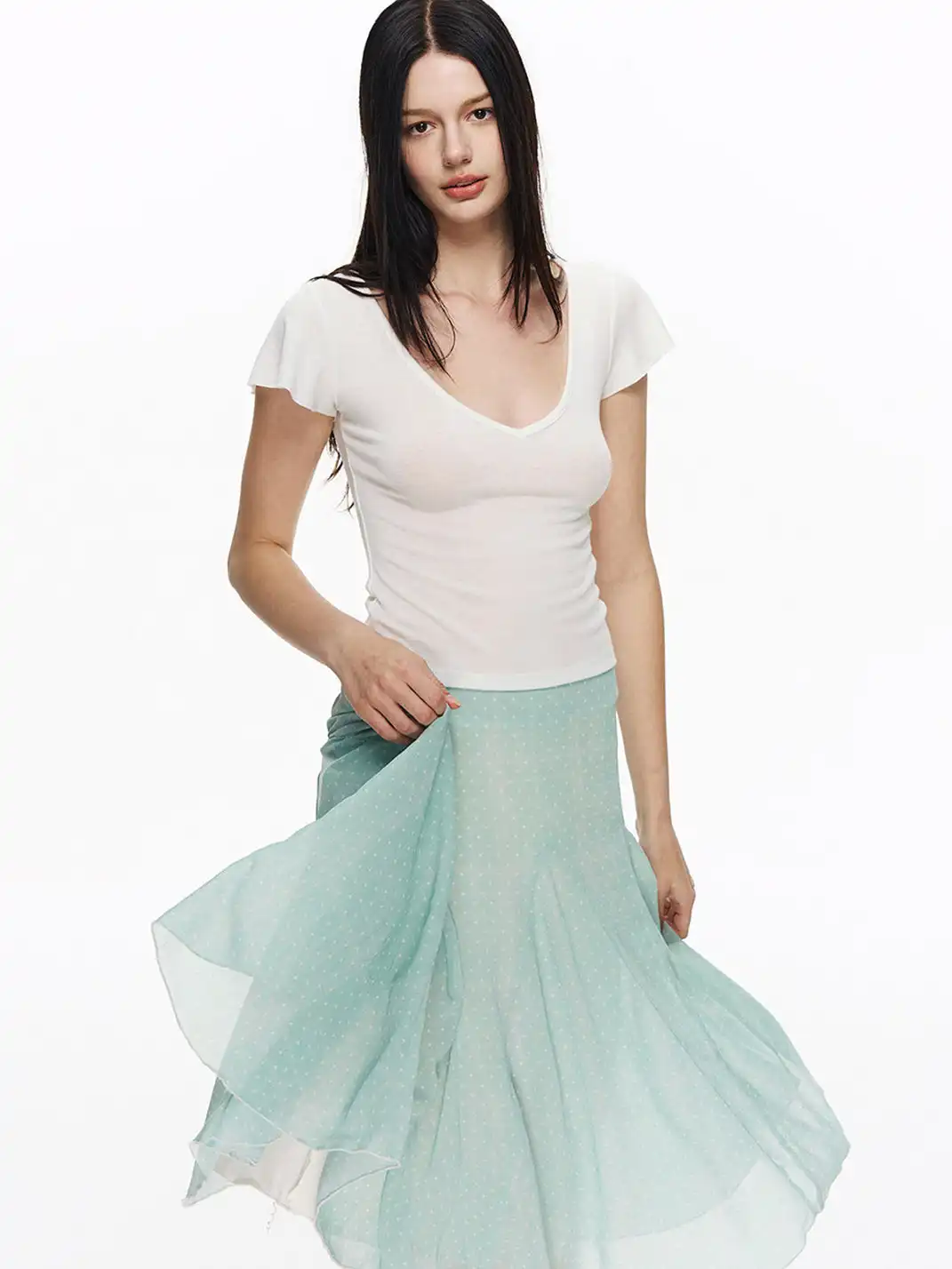 NECYSTUDIO | Polka Dot All-over Print Midi Skirt Short Sleeve Set