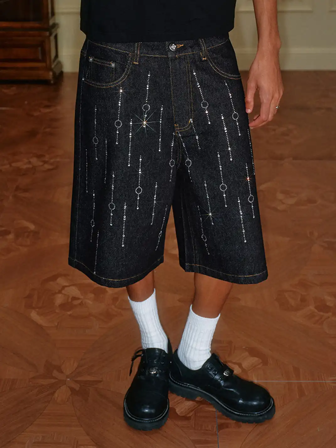 YADcrew | Full Rhinestone Meteor Denim Six-Point Shorts
