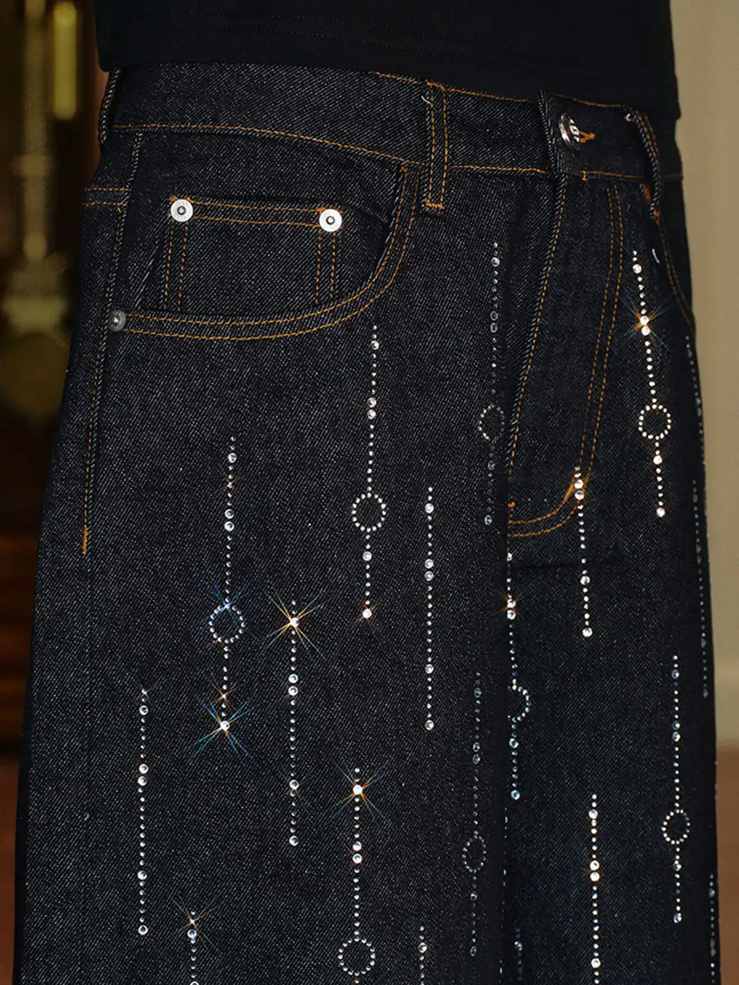 YADcrew | Full Rhinestone Meteor Denim Six-Point Shorts