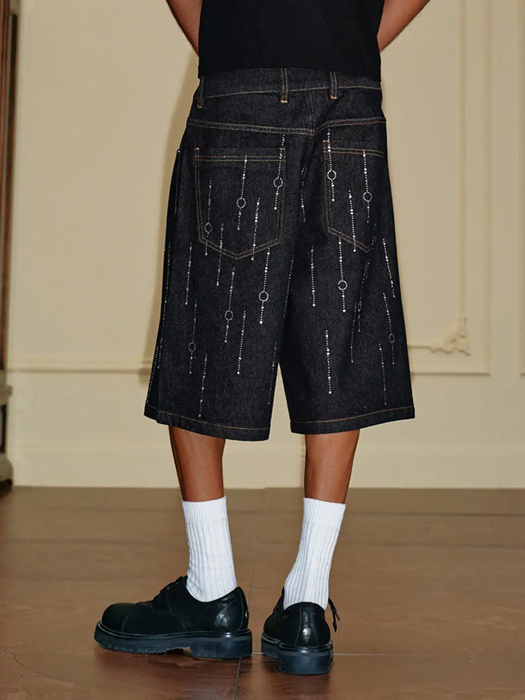 YADcrew | Full Rhinestone Meteor Denim Six-Point Shorts