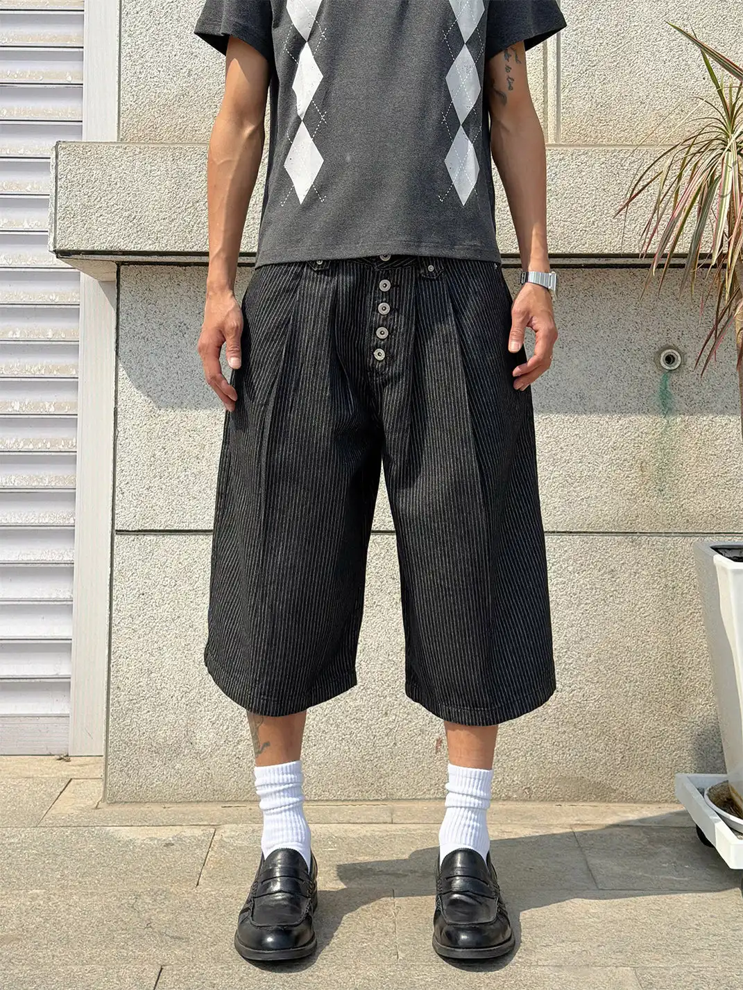BurnBro | Five Buttons Striped Cropped Pants