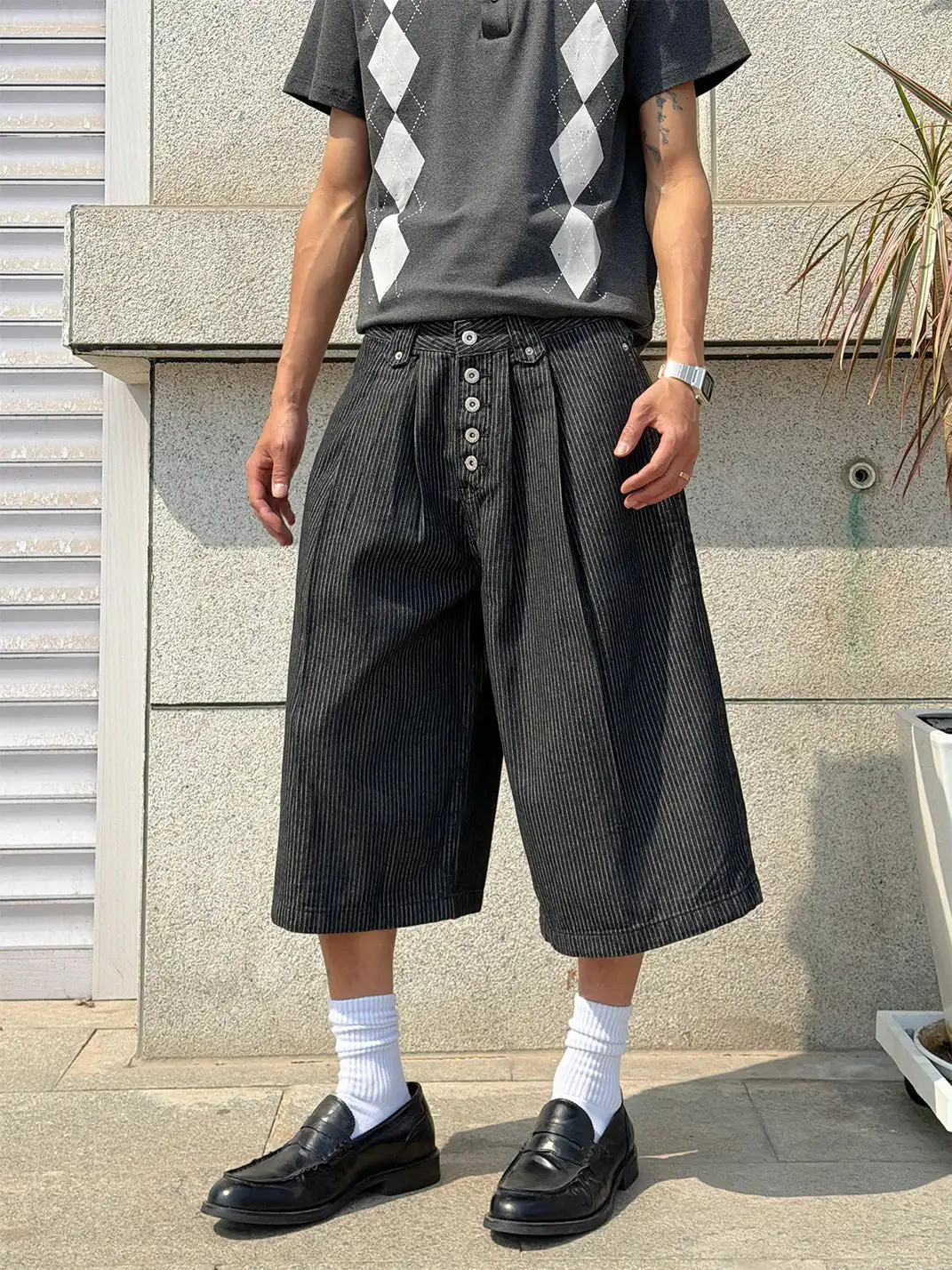 BurnBro | Five Buttons Striped Cropped Pants