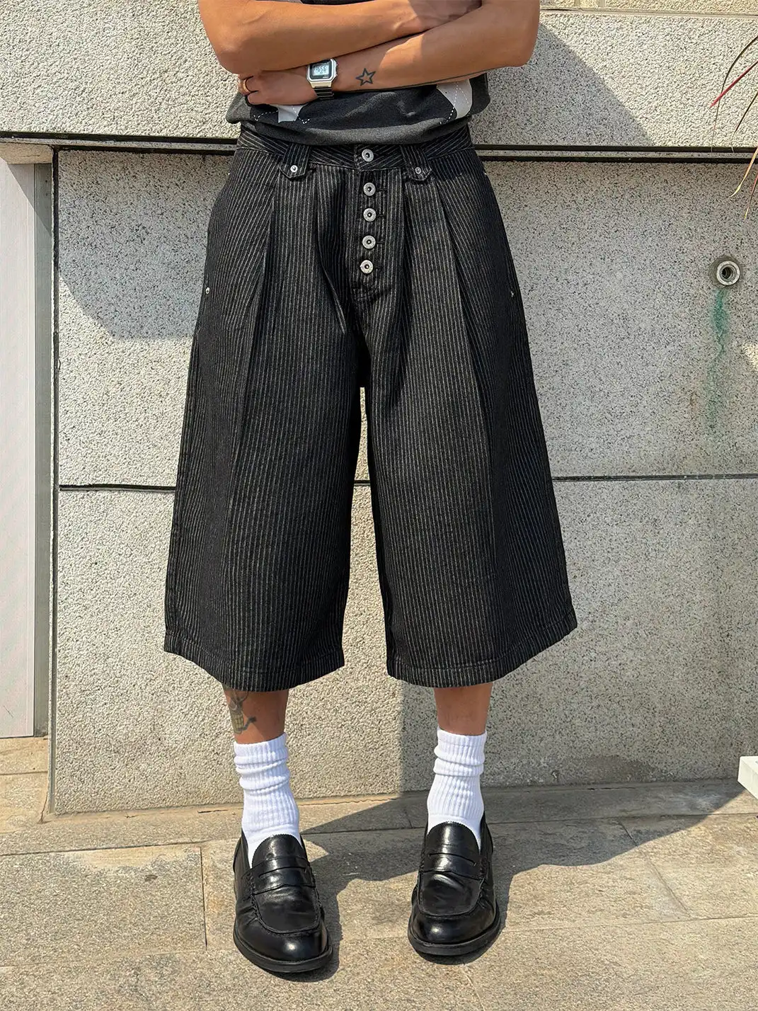 BurnBro | Five Buttons Striped Cropped Pants