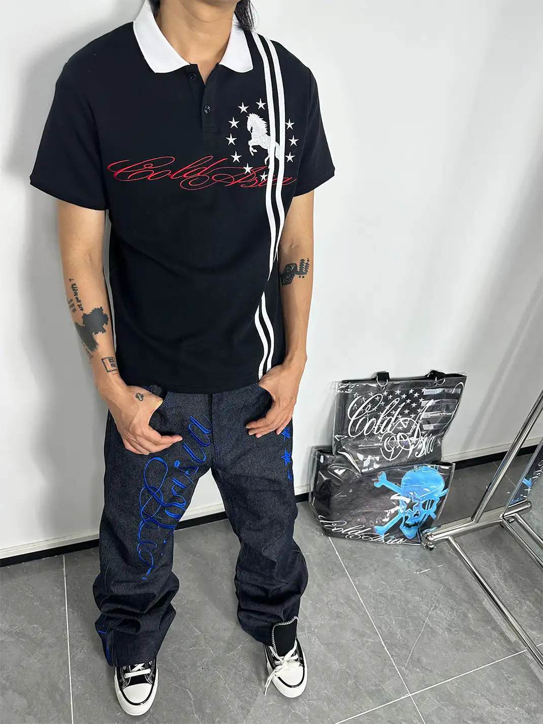 ColdAsia | Double Stripe "Star Warhorse" Embroidered Polo T-Shirt