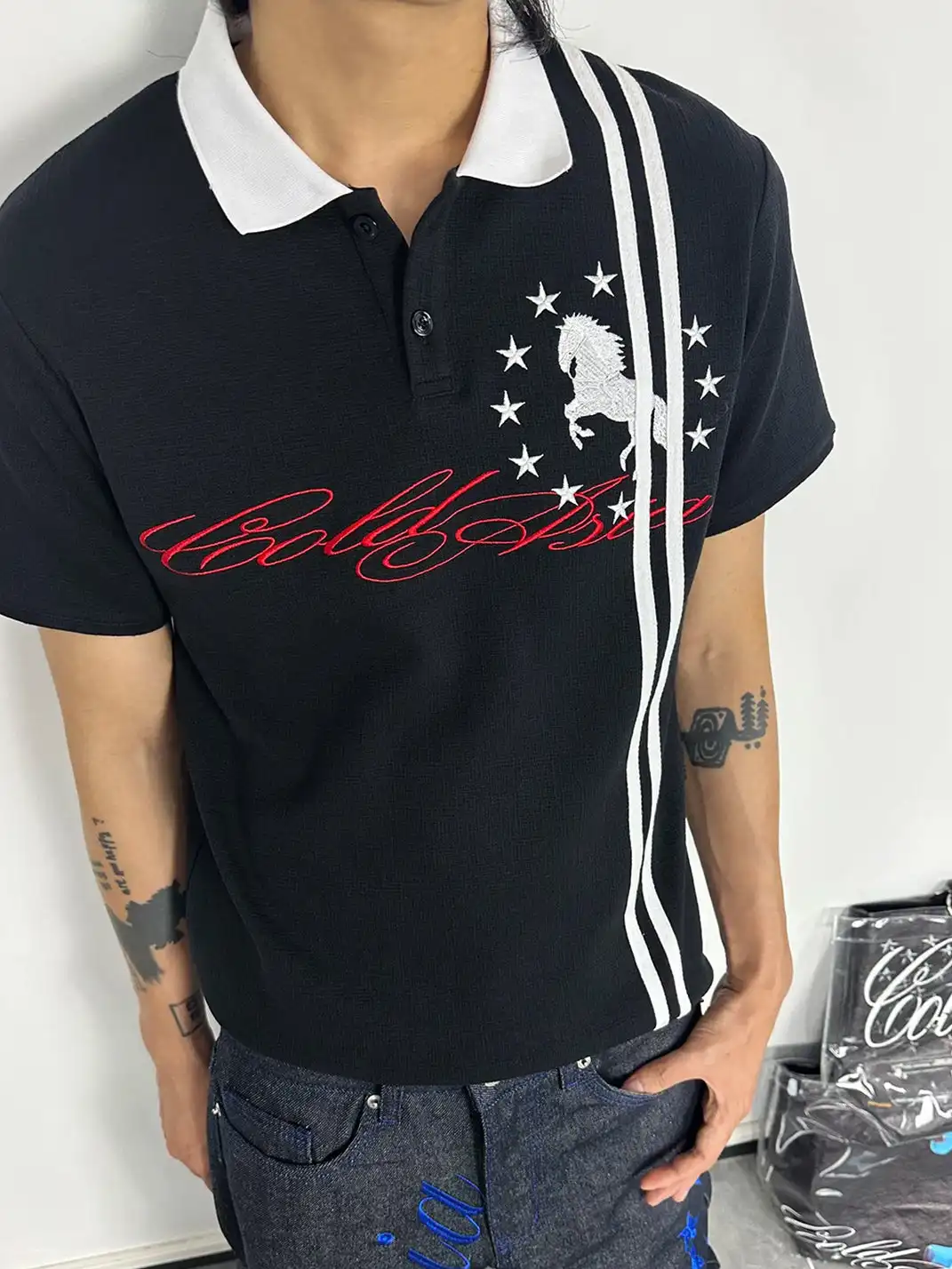 ColdAsia | Double Stripe "Star Warhorse" Embroidered Polo T-Shirt