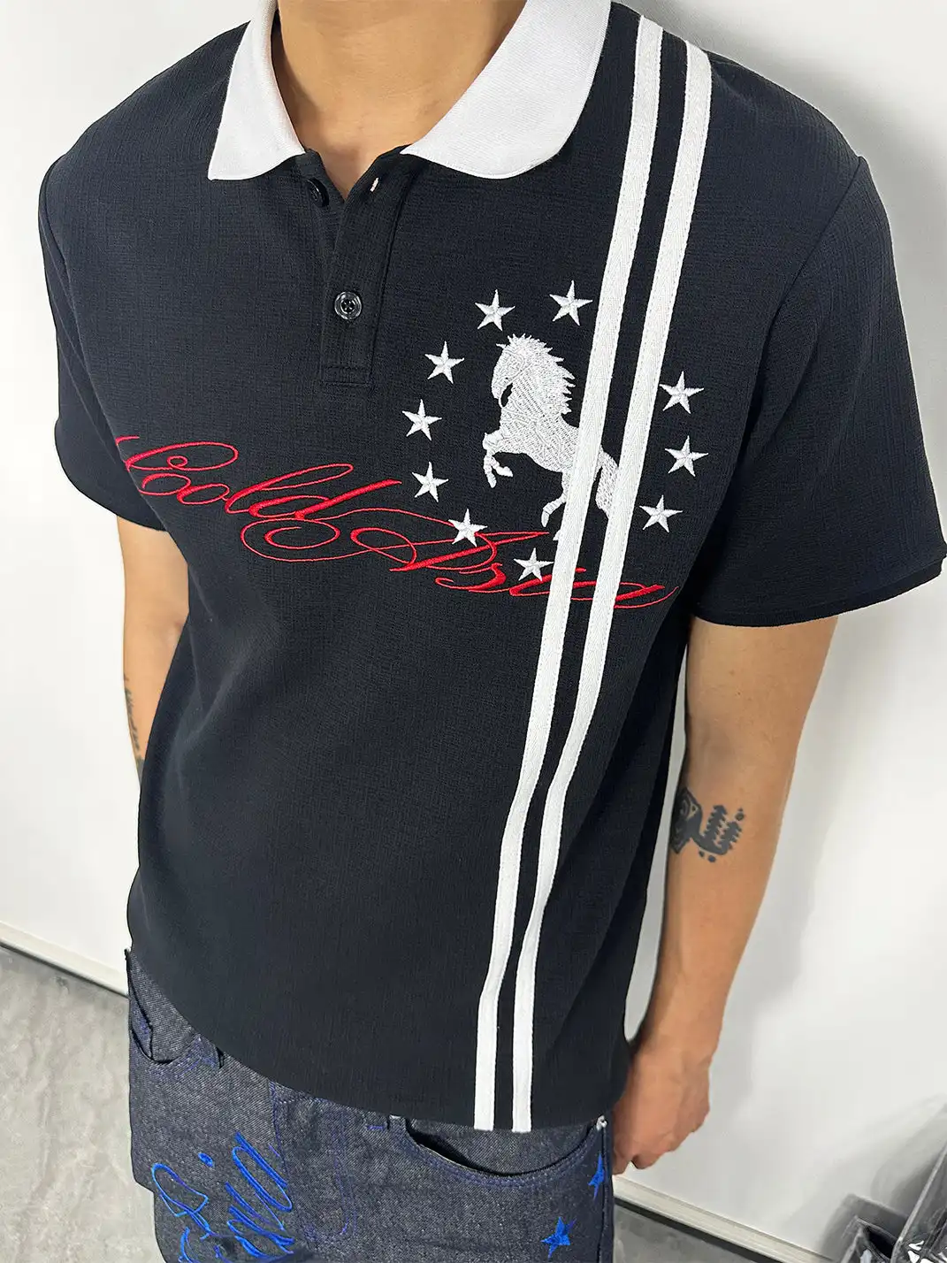 ColdAsia | Double Stripe "Star Warhorse" Embroidered Polo T-Shirt