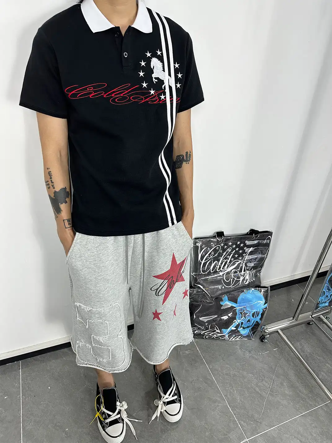 ColdAsia | Double Stripe "Star Warhorse" Embroidered Polo T-Shirt