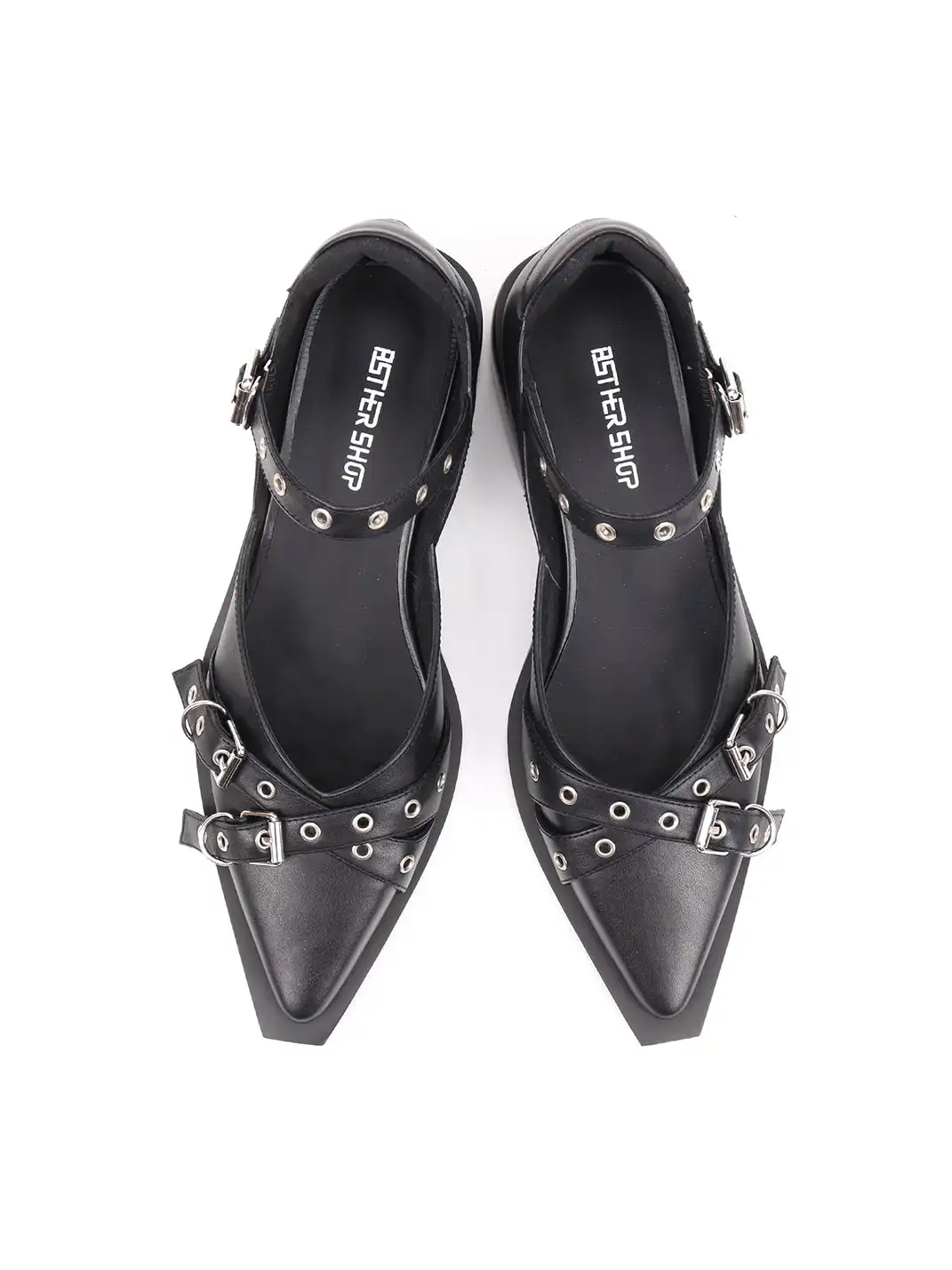 Asthershop | Pointed Toe Cross Strap Mary Jane Shoes