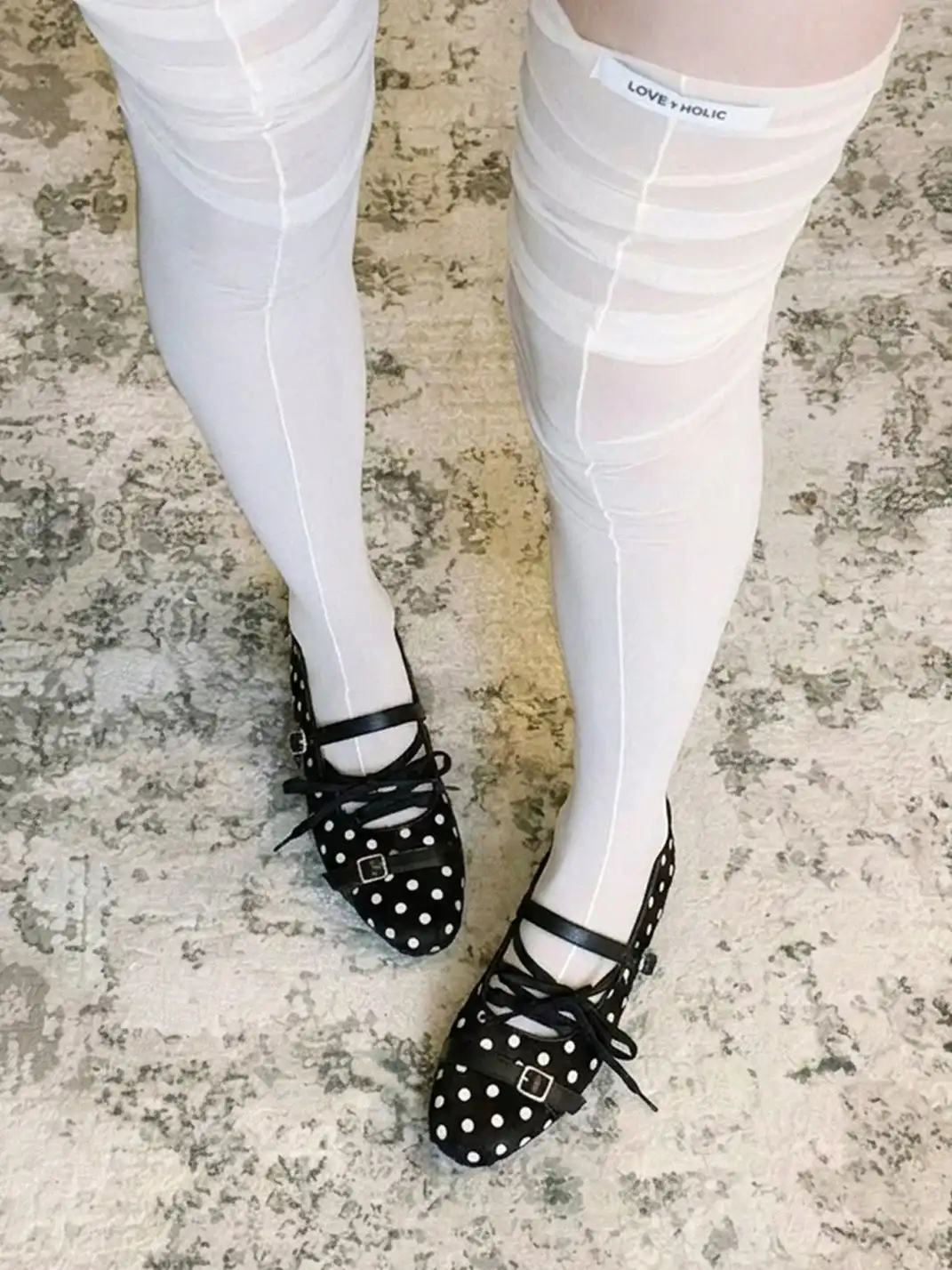 Asthershop | Polka Dot Horsehair Lace-Up Flat Shoes
