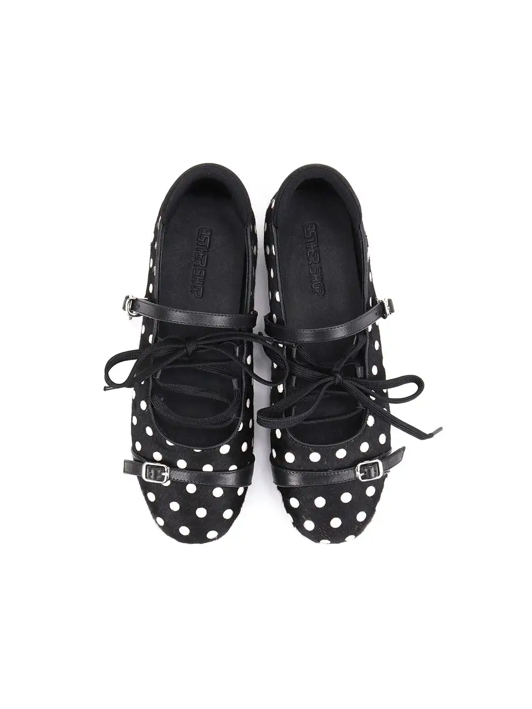 Asthershop | Polka Dot Horsehair Lace-Up Flat Shoes