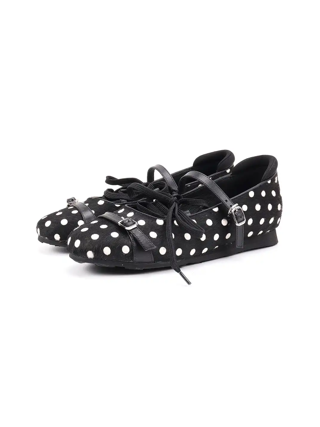 Asthershop | Polka Dot Horsehair Lace-Up Flat Shoes