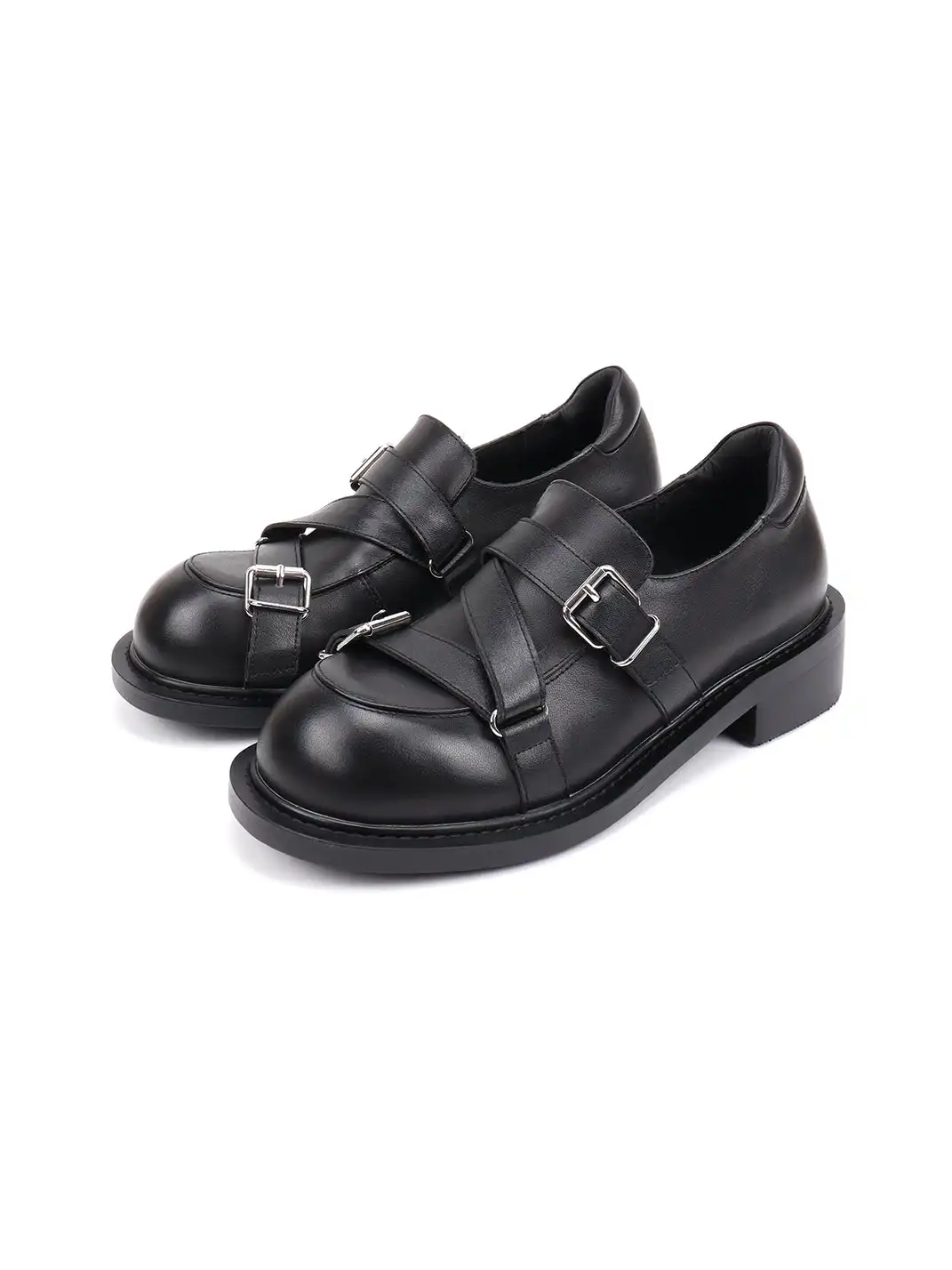 Asthershop | Cross Strap Buckle Chunky Heel Loafers