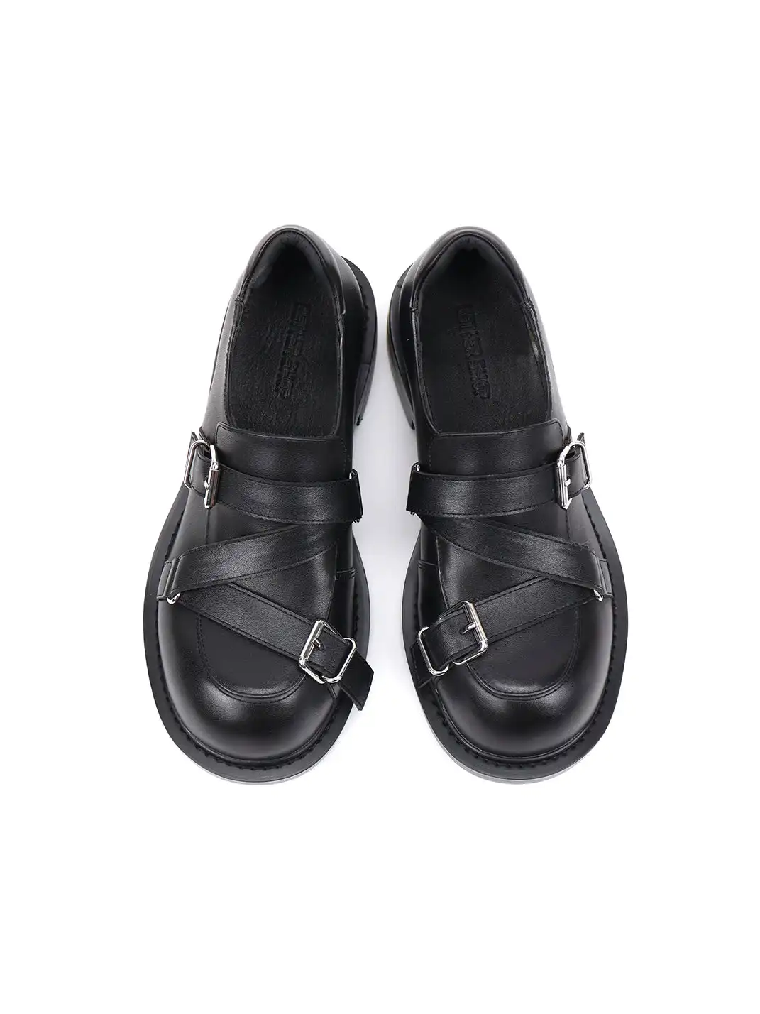 Asthershop | Cross Strap Buckle Chunky Heel Loafers