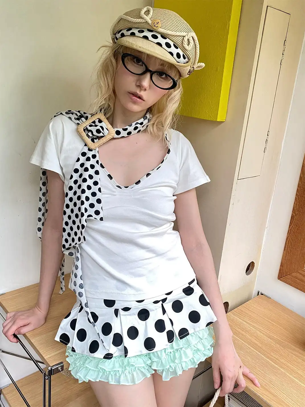 nit alcove | Fake Two-piece Polka Dot Elastic Lace Shorts
