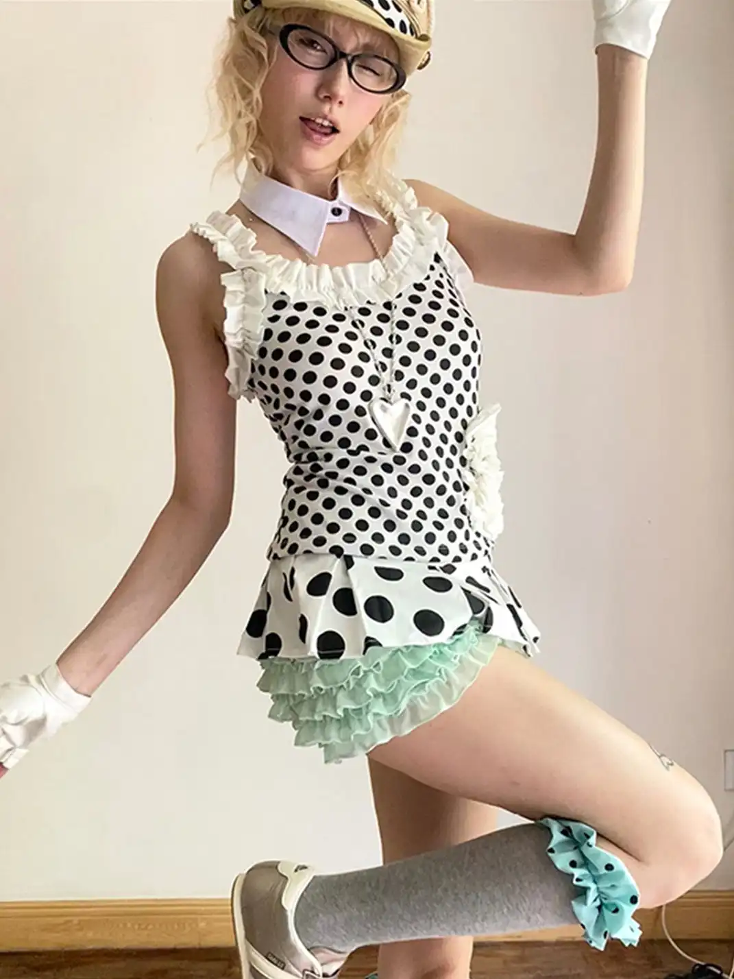 nit alcove | Fake Two-piece Polka Dot Elastic Lace Shorts